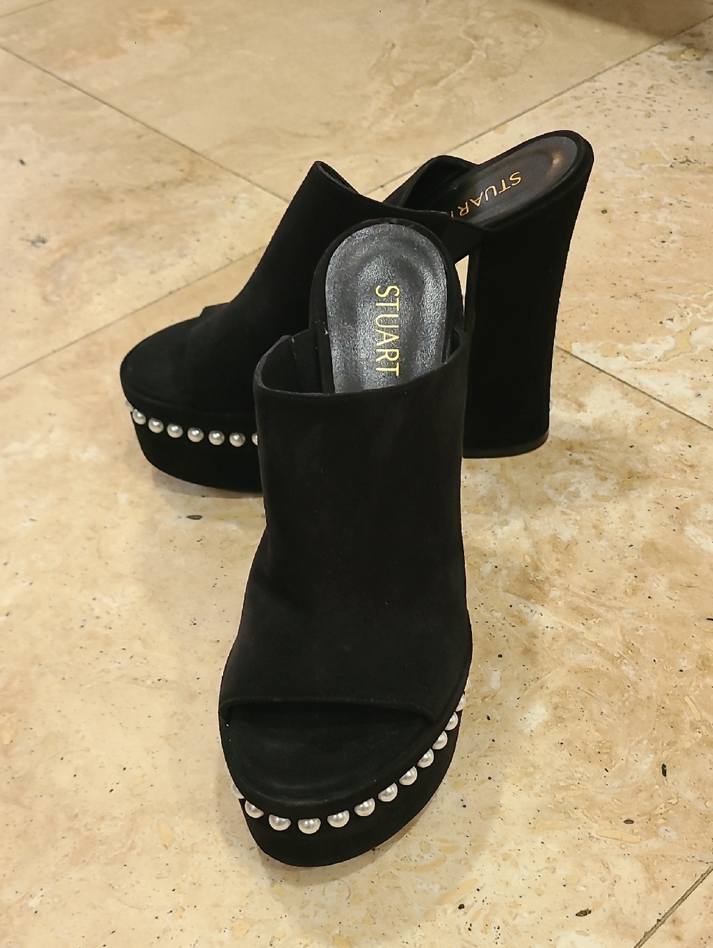 Stuart Weitzman Black Suede Pearl-Trim Platform Mules